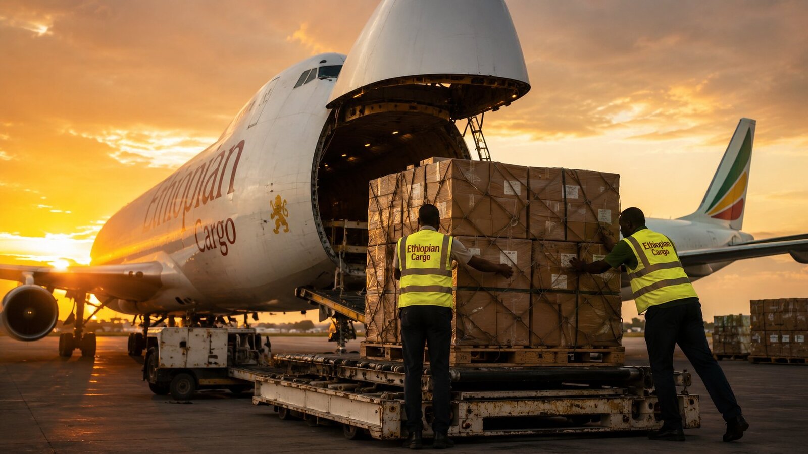 Avion cargo chargé pour le fret Dakar - Kinshasa au coucher du soleil