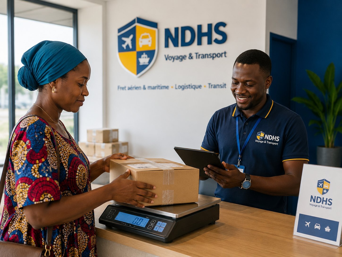Pesée d'un colis à l'agence NDHS Dakar