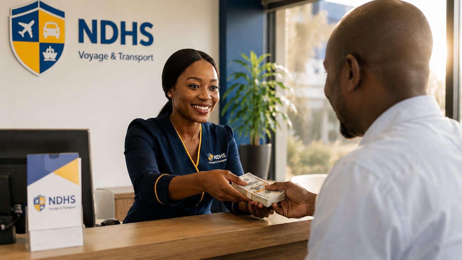 Transfert d'argent au comptoir NDHS — agente souriante remettant des dollars