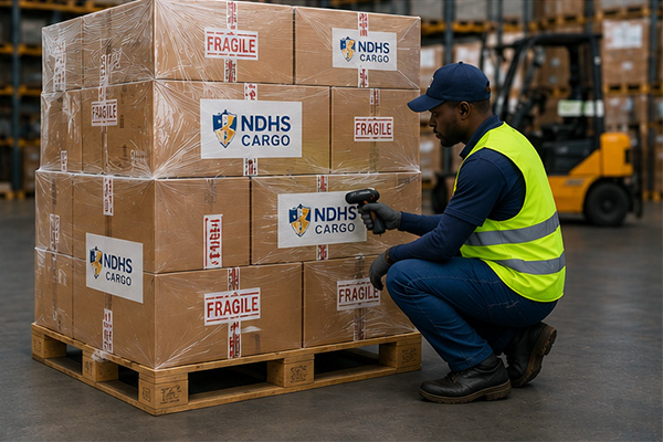 Préparation des envois fret NDHS Cargo en entrepôt